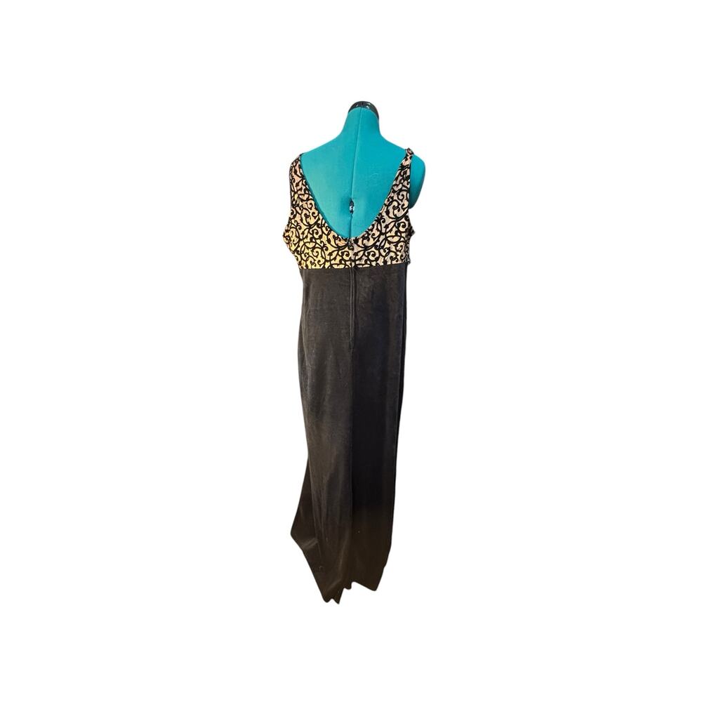 Vintage Sue Brett Black Gold Velvet Burnout Maxi Dress Shawl Glam Goth 80s Sz 18 - Picture 5 of 8